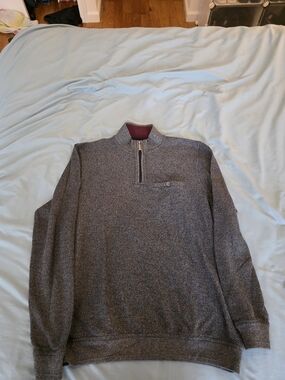 Bugatti Men's Heathered Gray Zip Mock-Neck Sweater with Maroon Trim